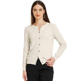 Allegra K Women's Lightweight Button Cardigan Crewneck Long Sleeve Sweaters Small Beige