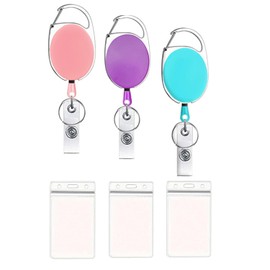Fashion 3PCS Pack Candy Colors Heavy Duty ID Badge Holders with Clip and Keyring,Vertical Clear Card Holder Fit Up to 3 Cards,Retractable Fiber Pull Cords for Easy Access (Pink,Purple,Navy Blue)
