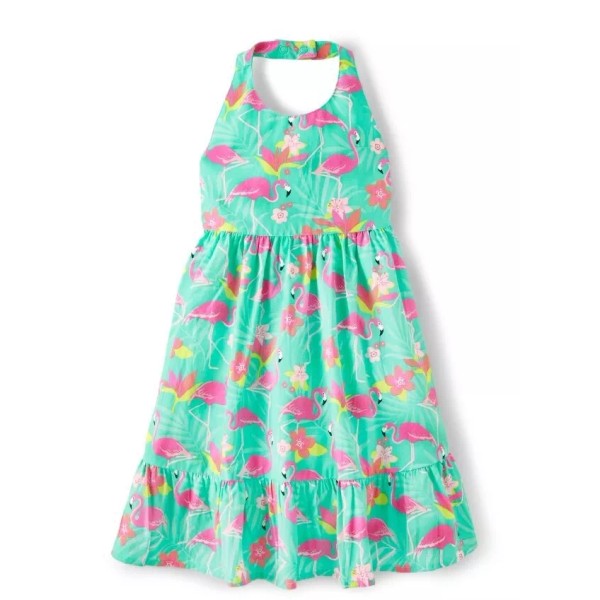 Gymboree Tropical Paradise sz 12 Green Flamingo Halter Dress NWT