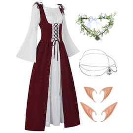 FOVER Renaissance Costume Gothic Clothing Women's Medieval Renaissance Dress Vintage Dresses Carnival Costume Pirate Cosplay Outfit with Head Chain Flower Wreath Elf Ears Knee-High Stockings FR059L