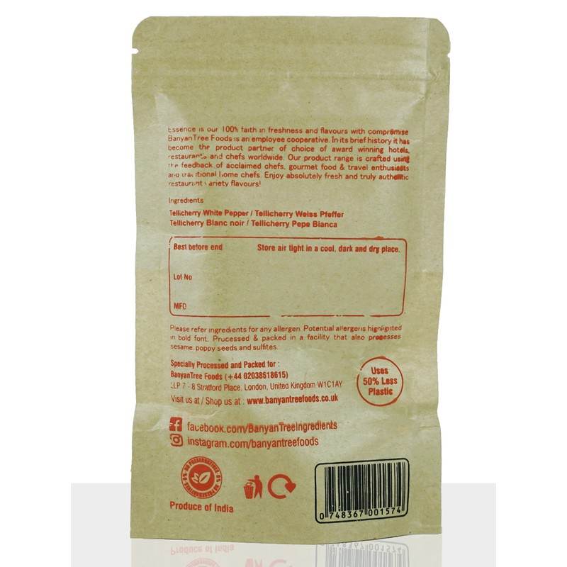 BanyanTree Foods White Peppercorns 100g~ All Natural, Indian Origin