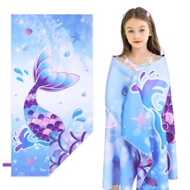 WERNNSAI Mermaid Kids Beach Towel for Girls, 76 X 150 cm Double-Sided Towel for Kid, Kids Beach Pool Bath Bathroom Swim Towel, Quick Dry Ultra Absorbent Super Soft Beach Blanket Towel