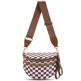 UUYUUY Checkered Crossbody Bag Large Nylon Bum Bags for Women Spacious Belt Bag Sling Handbags Waterproof Purses Fanny Packs with Shoulder Strap, Brown and White