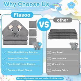 Flasoo 4 Pcs Baby Towels and Washcloths Set, 1 Pcs Animal Hooded Baby Towels & 3 Pcs Baby Washcloths for Newborns, Toddlers, and Kids, Soft Absorbent Hooded Bath Towel for Boys & Girls (Gray Elephant)