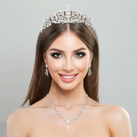 TRIFODE Tiaras and Crowns for Women, Quince Crown Coronas Necklace Earrings Set, Crystal Quinceanera Crown Wedding Jewelry Set Tiara Set for Bridal Birthday Accessories Gift Cosplay Prom(Silver)