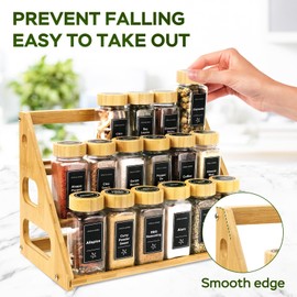 3 Tier Bamboo Spice Rack Organizer with 18 Spice Jars, 780 Labels, Wood Shelf, Chalk Marker and Funnel Set for Cabinet Kitchen Countertop, Empty 4 oz Glass Jars