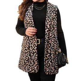 WDIRARA Women's Plus Size Plaid Button Open Front Sleeveless Blazer Jacket Leopard Print Brown Black 1XL