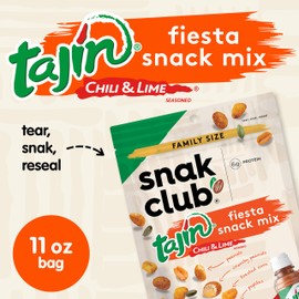 Snak Club Tajin Fiesta Snack Mix, Peanuts, Crunchy Peanuts, Toasted Corn, and Pepitas with Chili and Lime Seasoning, Mild, 11 oz Resealable Bag