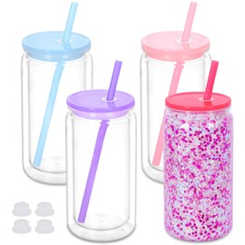 Maucircol 16 Oz Plastic Snowglobe Tumbler, 4 Pack Pre-Drilled Double Wall Plastic Clear Cup for Glitter Snow Globe Diy, Double Wall Snowglobe Cup with Colorful Lid