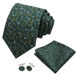 Luckyvestir Mens Ties and Pocket Square Sets, Green Floral Ties for Men with Cufflinks, Men's Tie for Wedding Prom Groomsmen (Dark green,forest)