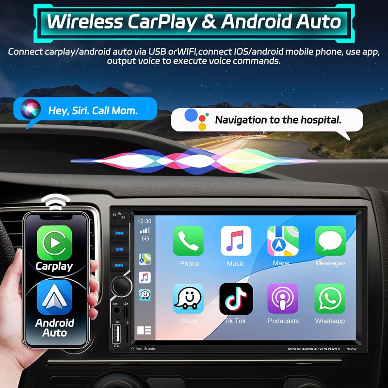 Motoris 7" Car Stereo with Wireless CarPlay & Android Auto,