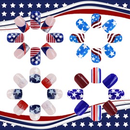 96Pcs 4th of July Press on Nails with Independence Day Design, Fourth of July Manicure Art Acrylic Short Square Fake Nails Stick on Nails Glossy USA Flag False Nails Gel Glue on Nail for Women