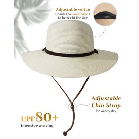 FURTALK Womens Wide Brim Sun Hat with Wind Lanyard UPF Summer Straw Sun Hats for Women Cream White