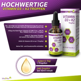 Vita2You Vita2You Vitamin D3 + K2 Tropfen - Vitamin D3 5000 IE - Vitamin K2 100µg pro Tropfen - K2VITAL - MK-7-99,7% All-Trans - MCT-Öl - Premium Qualität - Made in Germany