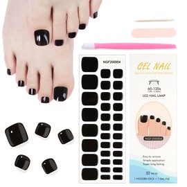 WOKOTO Semi Cured Gel Nail Strips For Toenails, 16 Size 32 Tips Black Nail Polish Strips With Nail File & Wooden Stick, Works With Any Lamps, Salon-Quality, Long Lasting, Easy To Apply & Remove