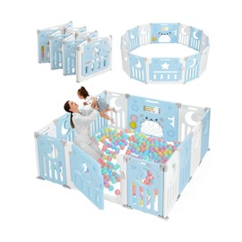 Baby Playpen, Dripex Foldable Playpen for Babies and Toddlers, Custom Shape Baby Fence, Safety Play Yard with Gate, Portable Play Area for Indoor or Outdoor, Blue White, 14 Panel