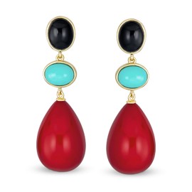 Unique Geometric Multiform Oval and 3-Tier Hanging Natural Gemstone Tri-Colour Blue Black Red Turquoise Tear Ball Party Earrings for Women in 14K Yellow Gold Plated, Brass, Compressed Turquoise