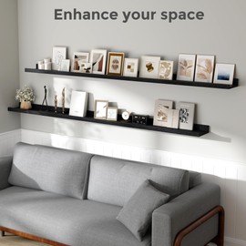 Fun Memories Black Long Picture Shelves 72 Inch, Solid Wood Floating Shelves Photo Shelf with Lip, Large Wall Mounted Display Shelves for Living Room, Bedroom, Kitchen