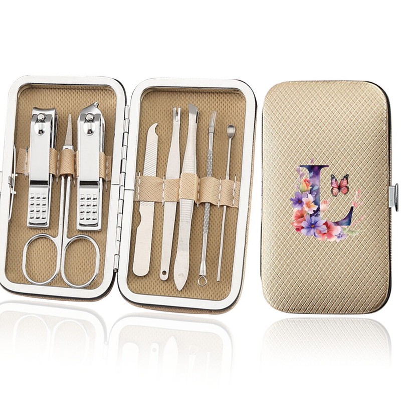 No Brand 8-Piece Set PU khaki Manicure Tool Set Stainless