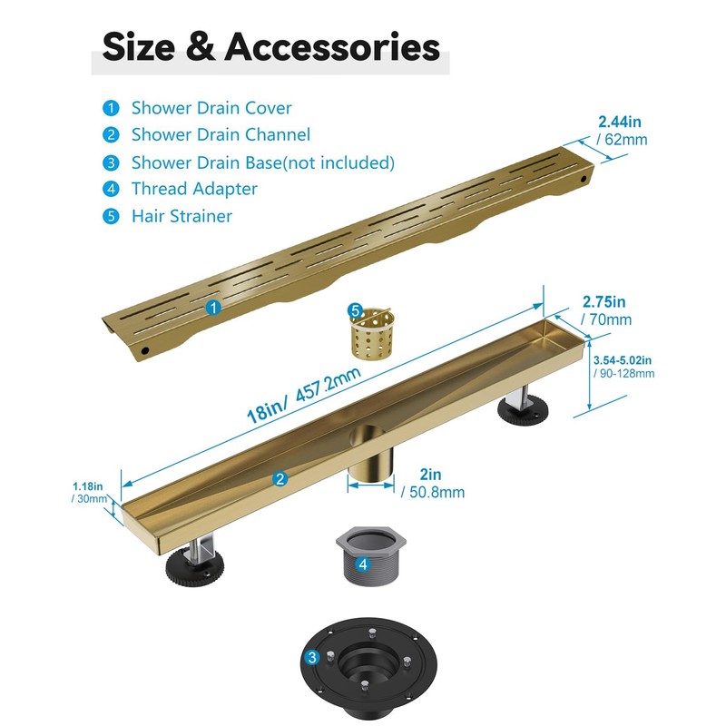 HTOH Brushed Titanium Gold Shower Drain 18 Inch, 304 Stainless