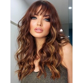Fancy Hair Brown Highlight Wig With Bangs Medium Length Wavy Wig Synthetic Brown Mixed Blonde Natural Looking Wig With Bangs for Women Daily Party Use 18 Inch