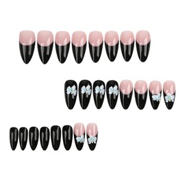 IMRAIN French Tip Press on Nails Medium Almond Fake Nails with Blue Flower Designs Black French False Nails Full Cover Glossy Glue on Nails Acrylic Artificial Nails for Women Girls Manicure