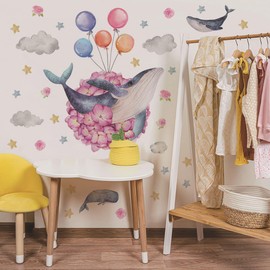 Whale Cartoon Whale Whale Wall Stickers Sea Animals Fashion Sea Life Coral Whale Wallpaper Underwater World Ocean Animals Colorful Balloons Pink Flowers Clouds Stars DIY Boys Girls Kids Room