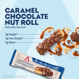 Atkins Caramel Chocolate Nut Roll Snack Bar, Protein Snack , 7g Protein, 2g Sugar, High Fiber Snack, 16 Count