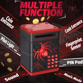 Spider Money Box,Thedttoy Smart Piggy Bank for Kids,Cash Saving Box with Simulated Fingerprint PIN,LED Light,Boys Girls Birthday Present for 3-12 Years-Black