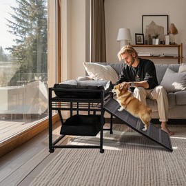 NAILDOKI Movable Structure Pet Stairs Ramp with Cats/Dogs Chair with ramp high beds, Folding Pet Steps for Medium and Small Dogs, Cat Ladder, with Storage Cabinet