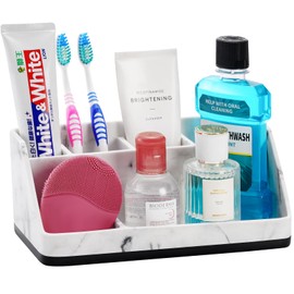VITVITI Resin Bathroom Organizer Countertop, Small Size Toothbrush Holders for Bathroom Counter, 5 Slots Bathroom Sink Vanity Organizer for Toothpaste/Electric Tooth Brush, White Marble Look