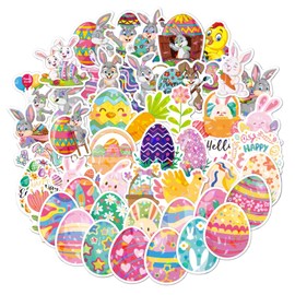 50pcs Easter Stickers, Cartoon Cute Easter Egg Bunny Waterproof Holographic Vinyl Water Bottle Stickers Laptop Stickers for Kids Adults Women Men Teens
