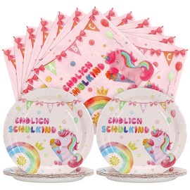 Joxessaien 40 Stück Einhorn Schulanfang Pappteller Set, Partygeschirr Einschulung Mädchen, 20 Pappteller + 20 Servietten für Einschulungsfeiern