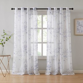 LINENZONE Sheer Printed White Curtains with Blue Leaf Design. White Farmhouse Curtains for Living Room or White Floral Curtains for Living Room. Leaf Curtains Come as a Pair. (Katia 54 x 63, Blue)