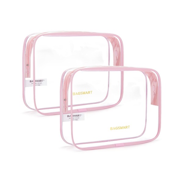 Transparent Toiletry Bag, BAGSMART TSA Approved Clear Travel Toiletry Bag Carry On Carry-On Luggage Bag for Airplane Airport Airline Compliant Quart Size Travel Organiser for Women, Pink 2 pieces.