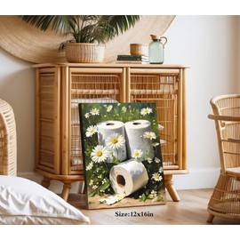 Framed Floral Bathroom Wall Art Prints,Rustic Flower Daisy Pictures Wall Decor Toilet Paper Roll Print,Vintage Dark Green Floral Bathroom Decoration (12"x16")