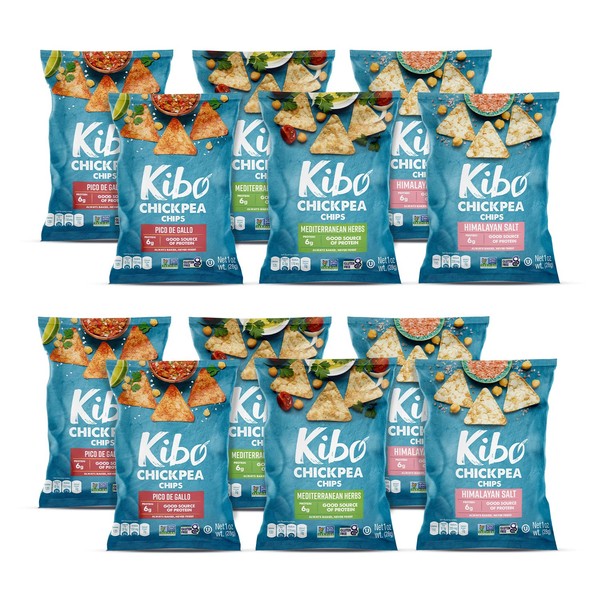 Kibo Chickpea Chips - High Protein/Fiber, Plant-Based, Cert. Gluten Free, Non-GMO, Vegan, Kosher, 3 Flavor Variety Pack, 1oz 12 pk