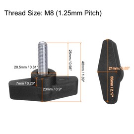 QUARKZMAN Pack of 2 Thumb Screws with T Wing Knobs, M8 x 25 mm, Plastic T-Head, Carbon Steel, 55 mm Threaded Bolts, Clamping Screw, Wing Screw, Grab Handles, Clamping Knob for Machine