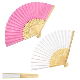 ZKSXOA Pack of 2 Foldable Hand Fans Silk Fabric Bamboo Chinese Wedding Fans for Men and Women Folding Fans for Wedding Performance Dance Decoration Festival (Classic Style, White, Pink)