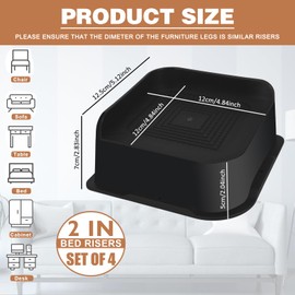 Tocawe Bed Risers 2 inch Heavy Duty 4 Pack, L Shape Funiture Risers 2 inch Support 5000LBs, Oversized Lifts Risers for Dorm Beds Frame, Sofa, Desk, Couch, Chairs Legs,Black