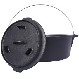 ESPIDOO 12 Quart Cast Iron Dutch Oven: Pre-Seasoned Camping Pot with Skillet Lid & Rack - Outdoor Cooking for BBQ Baking & Campfire Meals - Heavy Duty Heat Retention & Even Distribution