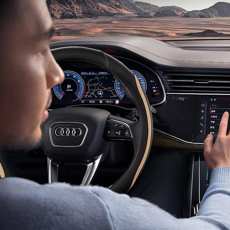 Car Steering Wheel Cover, Leather Steering Wheel Cover Beige Universal