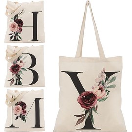 Floral Initial Canvas Bag Gifts for Women - 15"x16" Shoulder Tote Bags for Bridesmaids Hen Party Teacher Gift Shopping Bag C1 (Initial #Y)