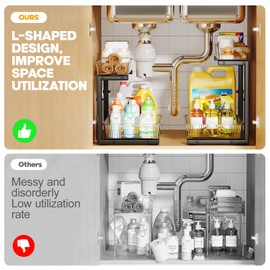 2 Pack Under Sink Organizer, 2-Tier Pull Out Cabinet Organizer, Elegant Acrylic Under Sink Storage Shelf for Kitchen Bathroom Cabinet, L-Shaped Adjustable Height for Maximum Space Efficiency-Black