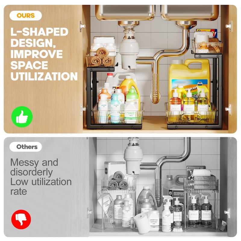 2 Pack Under Sink Organizer, 2-Tier Pull Out Cabinet Organizer,