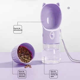 Botellas de Agua para Perros,2 En 1 Dispensador Portátil de Botellas de Agua para Mascotas con Contenedor de Alimentos, para Caminar Al Aire Libre, Senderismo, Viajes(Morado)