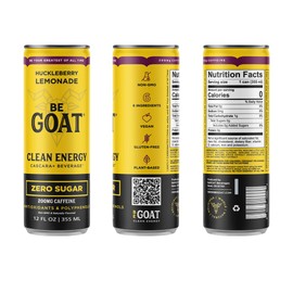 BeGOAT ZERO SUGAR Huckleberry Lemonade CLEAN Energy Drink | 200 Mg Caffeine, 0 Calories, Non GMO, 6 Ingredients, Antioxidants, Vegan, Gluten-Free 12 FL OZ (Pack of 12)