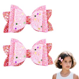 Pink Hair Bow Alligator Clips 3 Layer Glitter Sequin Bows for Hair Pins Barrettes Decorative Birthday Hair Bows for Girls Cheerleader Princess Costume Accessories 2 PCS