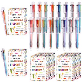 RUIYELE 16 Pcs End of Year Student Gifts 6 in 1 Multicolor Ballpoint Pen Cards from Teacher 6 Colors Retractable Ballpoint Pens Multi Color and 16 Pcs Cards for Office School Children