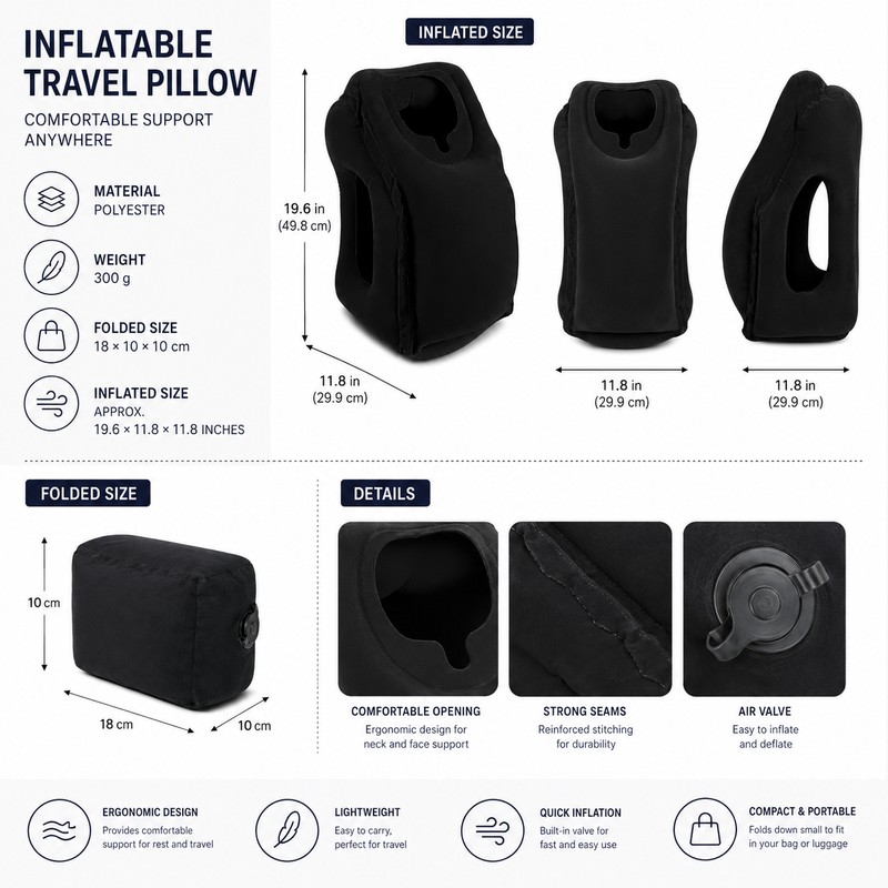 Inflatable Travel Pillow for Neck Support – 45° Headrest Cushion